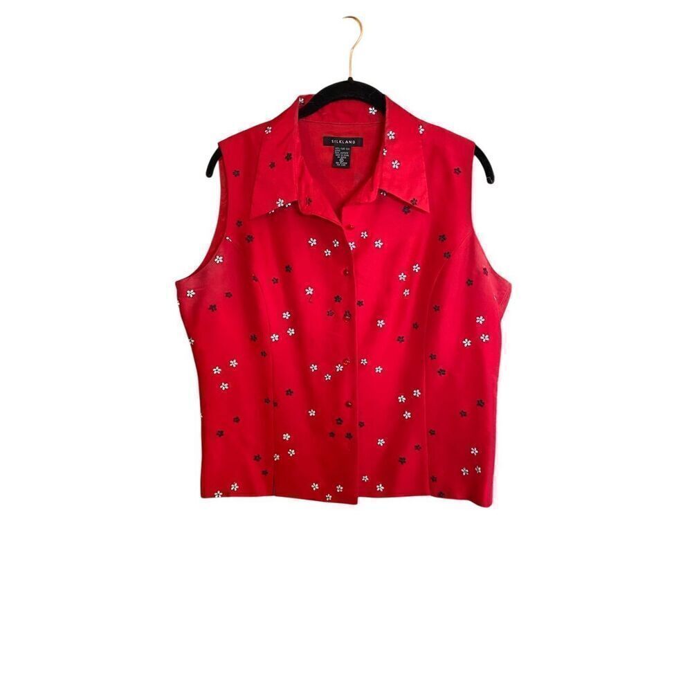 Silkland vintage, women’s red floral, embroidered short sleeve, blouse, size 12